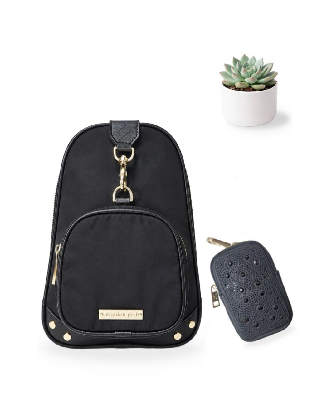 Madden Girl Black Nylon Sling Crossbody Bag Gold Hardware + Rhinestone Pouch Set